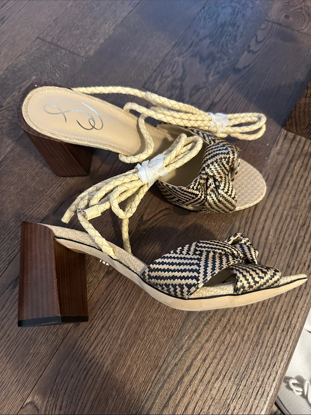 Sam Edelman Bodhi Braided Ankle-Tie Block Heel Sandals in Beige/Black - Picture 7 of 12